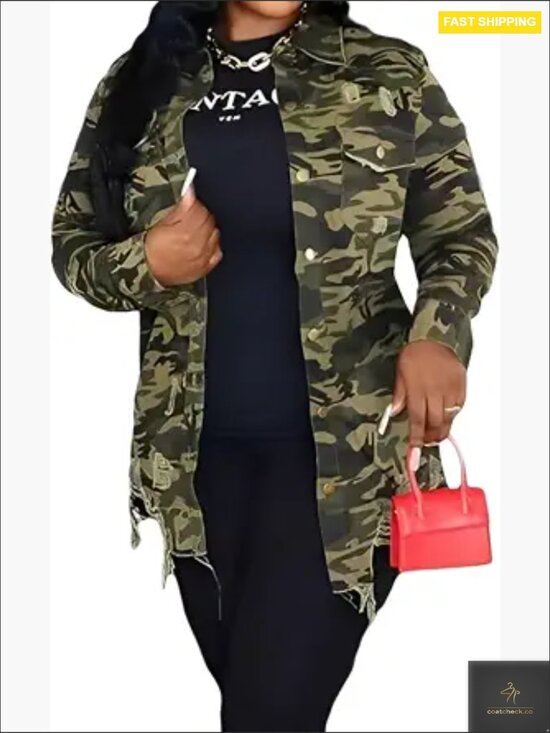 Jackets & Blazers - Camo Jacket with Pockets Long Sleeve Button Down Oversized Casual Outerwear Coat